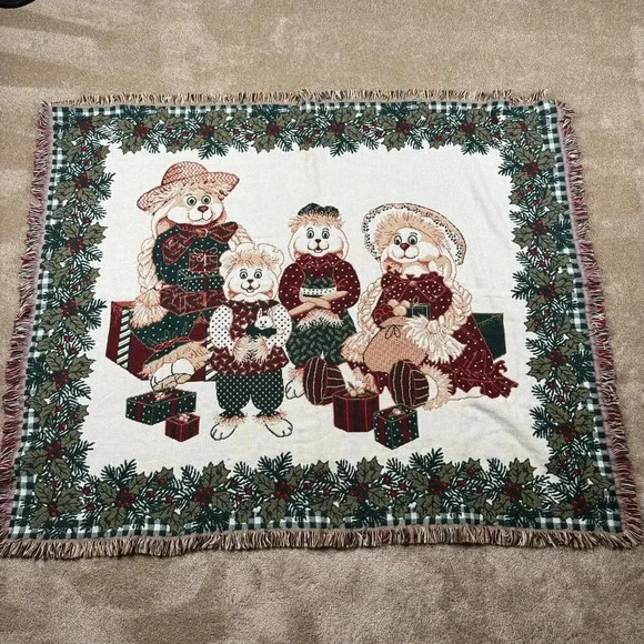 Vtg Goodwin Weaver Tapestry Fringe Throw Blanket 60x48 USA Christmas Bear Afghan - Picture 1 of 7